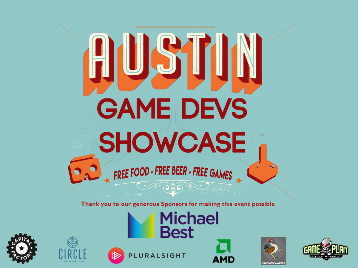 ATXGameDevs's tweet photo. Sunday May 28@5pm, FREE, PUBLIC Austin Game Devs showcase! Come see what local game developers have been up to! https://t.co/DIpCL4RpXm https://t.co/KGX5XDFnKH