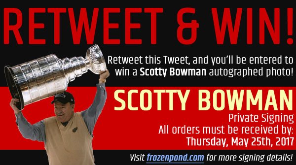 frozen_pond's tweet photo. Win a Scotty Bowman signed photo! Follow, and RT to enter. We'll be  picking a winner on Friday (May 26th) at noon. https://t.co/cJRXdG1suu https://t.co/aWMl9ReR0O