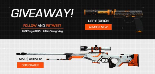 RogerCaneda's tweet photo. GIVEAWAY ALERT! | CSGO 

Follow @MFRoger305 &amp; @AlexDesignArg to enter 

AWP | ASIIMOV &amp; USP-S | ORIÓN up for grabs! 

RT &amp; LIKE https://t.co/XgTDqHlazd