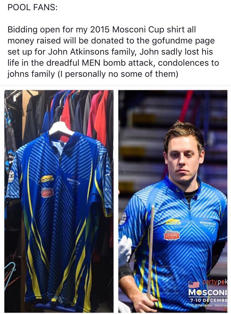rockstar_13_'s tweet photo. Own some @MosconiCup history....my cousin @karlboyes is auctioning off his 2015 matchworn shirt all in aid of the #manchesterattacks 
👇🏼👇🏼👇🏼 https://t.co/FyNiKMzhOM