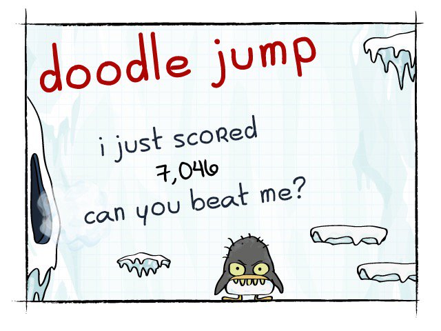 elliemead2011's tweet image. I just scored 7,046 on doodle jump!
for ios: apple.co/1Gpo0iU
for android: bit.ly/1gQ2GLd