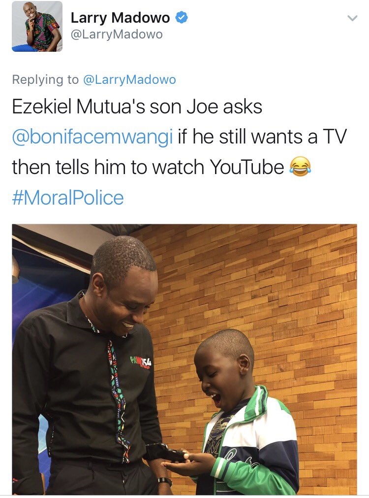 bonifacemwangi's tweet photo. Last year @EzekielMutua and l were interviewed by @LarryMadowo. Now he claims his son cried in the studio but he is lying! Photo evidence. https://t.co/Qksj1mB8AS