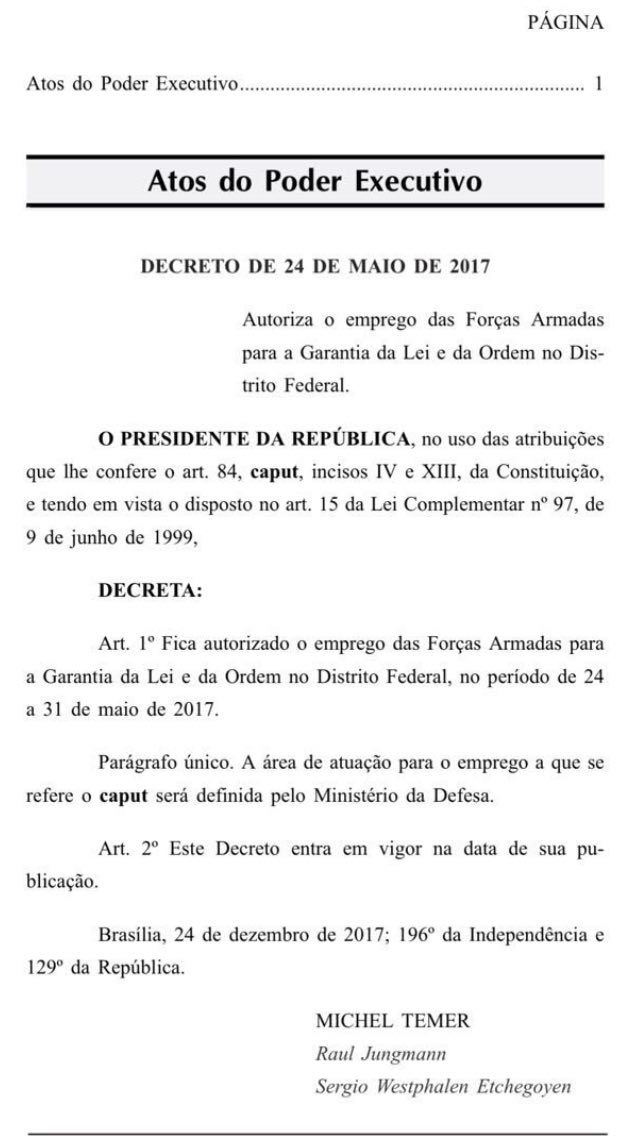 MarceloFreixo's tweet photo. Absurdo! Temer assinou decreto que autoriza uso das Forças Armadas pra garantia da Lei e da Ordem em Brasilia! Parece que estamos em 64... https://t.co/6N8G1JrJVF