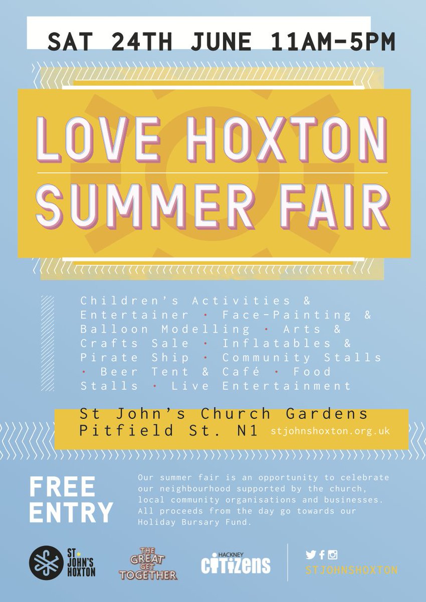 StJohnsHoxton's tweet photo. Our summer fair this year will be a joint effort with @HoxtonCitizens &amp; part of @great_together @nearneighbours  #greatgettogether Pls RT https://t.co/9g7jgBEgXC