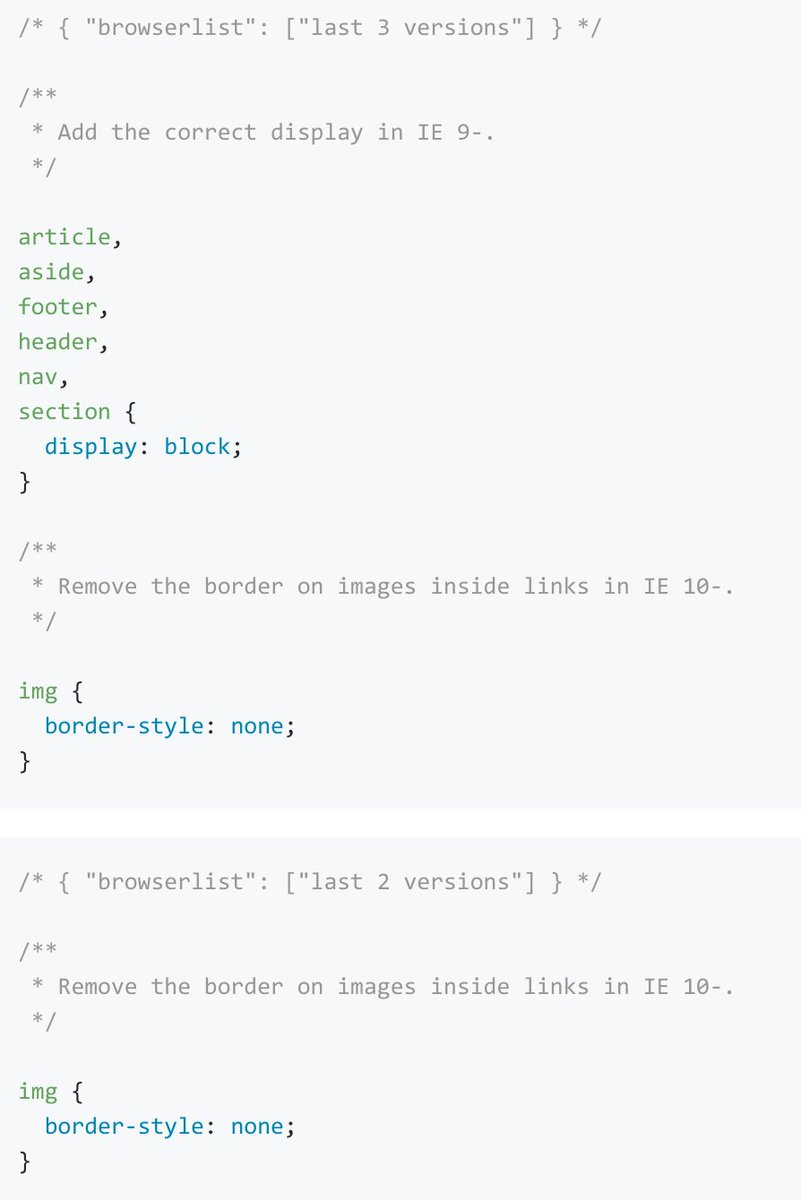 PostCSS's tweet image. Instead of big normalize.css, postcss-normalize inserts only needed styles for your browsers according browserslist
github.com/jonathantneal/…