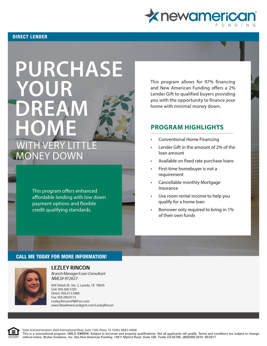 NAFLezley's tweet photo. Introducing the New American Funding 1% Down Payment Program! Call and see if your prospect qualifies today! #NAFTexas #LaredoTX https://t.co/lpxPtv9PtL