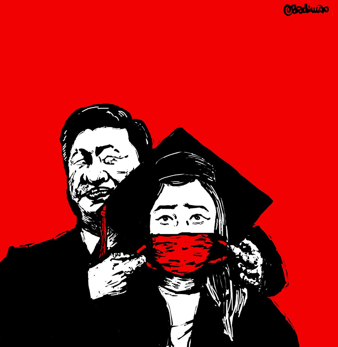 badiucao's tweet photo. Cartoon for supporting #YangShuping #freespeech
#巴丢草 漫画 【口罩辱国】我想为在马里兰大学作毕业演讲 #杨舒萍 同学起立鼓掌，也为她收到的来自党国的威胁和压力感到愤怒！自由如此珍贵，肉翻都无法躲过红色的压迫，这是自由世界的耻辱！ https://t.co/ugvvDjVL02