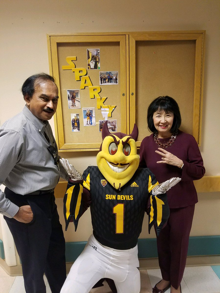 ASU_Alumni's tweet photo. Sparky at the Yuma Regional Hospital during the Yuma #SunDevilCaravan event with Dr. Christine Wilkinson &amp; Regent Ram Krishna @TheSunDevils https://t.co/XcVELotU6o
