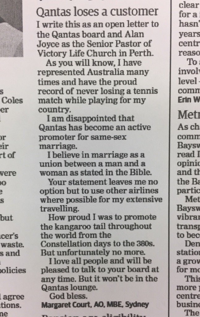 sunriseon7's tweet photo. Tennis legend Margaret Court is making a racket today, serving up this open letter to @Qantas. https://t.co/2EqkjyvIv6