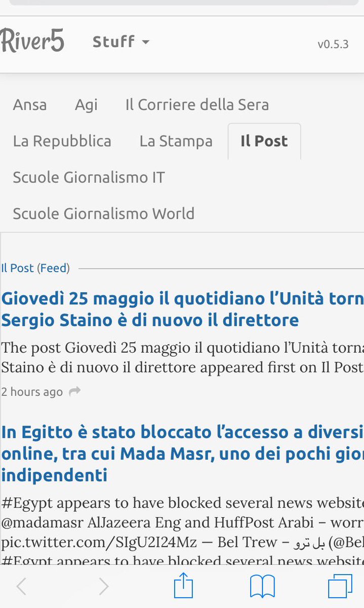 faffa42's tweet photo. Day one of #river5 w/ flows of #RSS news &amp; no edgeranked timeline #opensource #openweb /cc @davewiner @mathewi @h0d3r @annamasera #nosleep 😏 https://t.co/WrlnN8mNIp