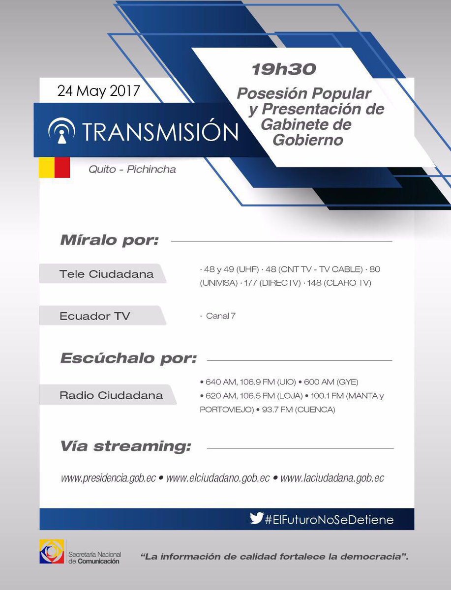 19h20 | Ingreso del Presidente <a href="/Lenin/">Lenín Moreno</a> al Palacio de Carondelet, posesión popular y presentación de Gabinete de Gobierno #ElFuturoNoSeDetiene