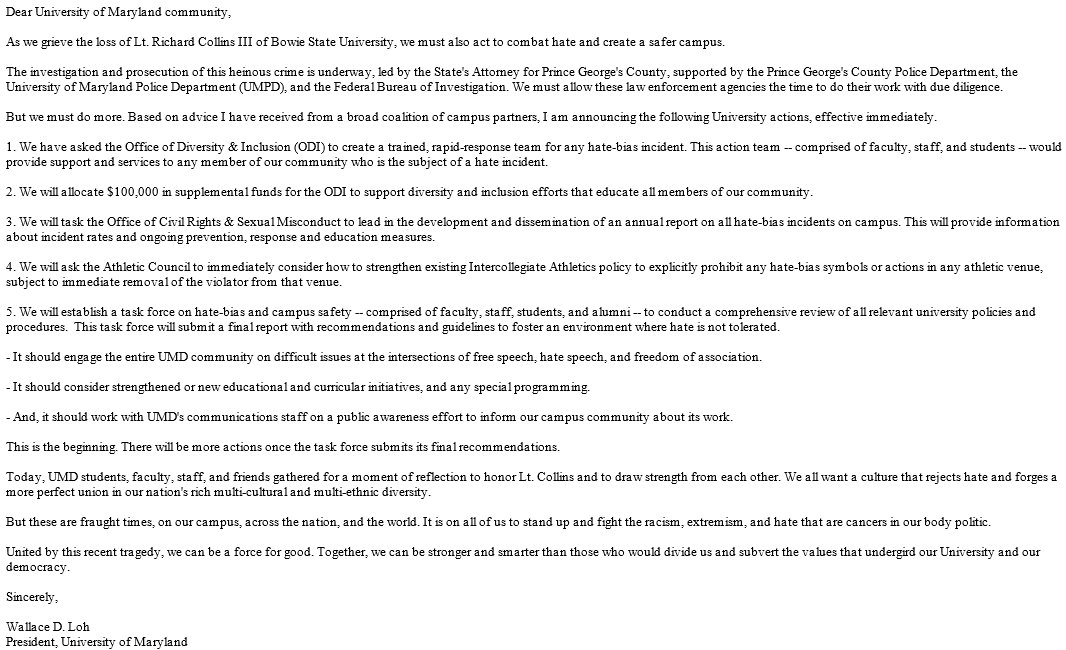 adamlongoTV's tweet photo. JUST IN: Statement and action plan from Univ of Maryland President Loh after possible hate crime murder on campus. @wusa9 #FearTheTurtle https://t.co/TbNuzNdsNJ