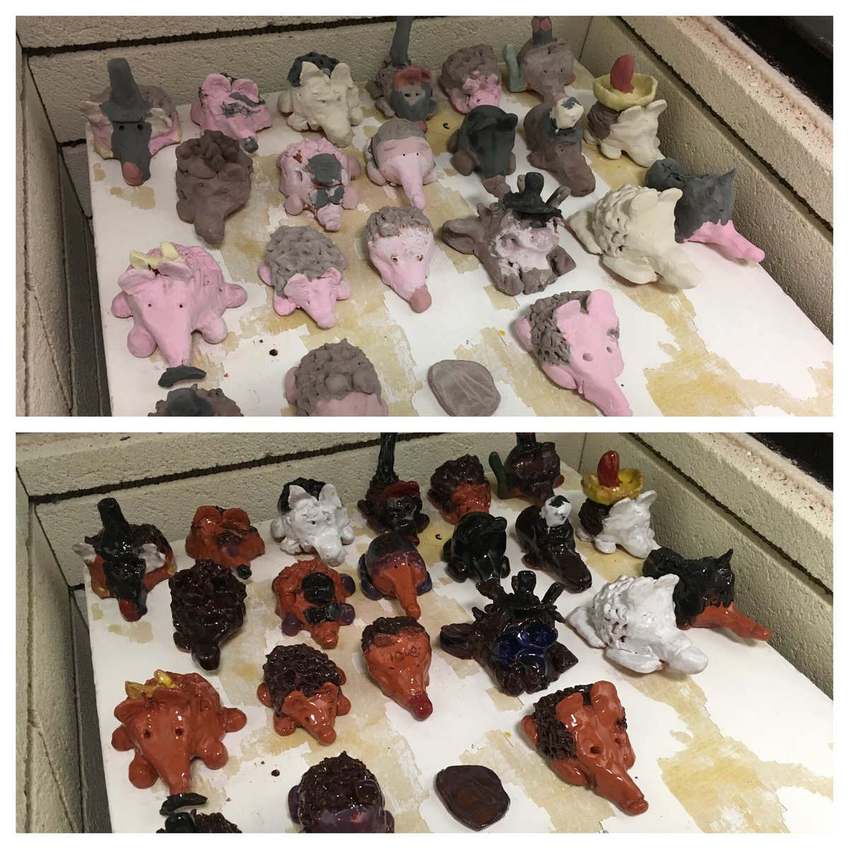 ArtyHardyCE's tweet photo. 5th grade clay hedgehogs... before and after glaze firing #parklands #ArtsEd #clayiscool https://t.co/zNURVhbimE