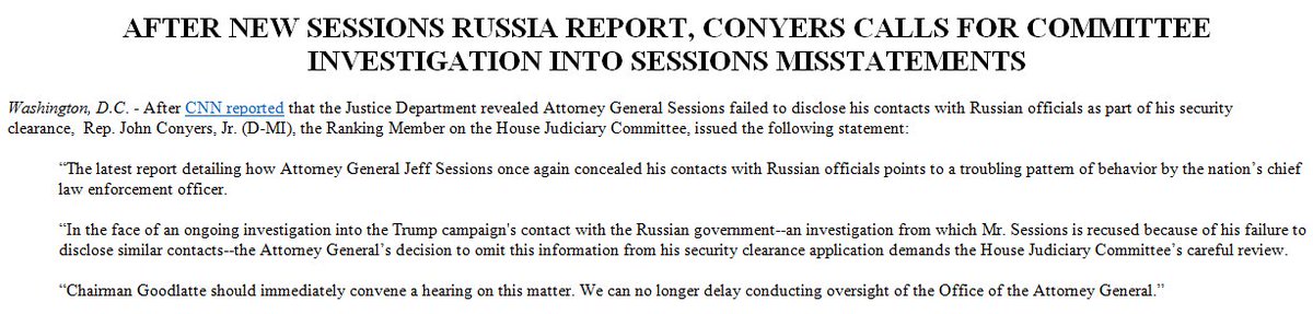 HouseJudiciary's tweet photo. BREAKING: After New Sessions Russia Report, Conyers Calls for Committee Investigation into Sessions Misstatements https://t.co/ohzIfyJPHY https://t.co/WaIQnNXqny