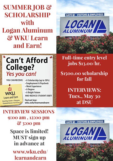 commcoders's tweet photo. LOGAN ALUMINUM INTERVIEWS JUST POSTED! Link in bio. #wkulearnandearn #wku #scholarship #workforce #readcarefully #greatopportunity https://t.co/6RmXS7hpT2