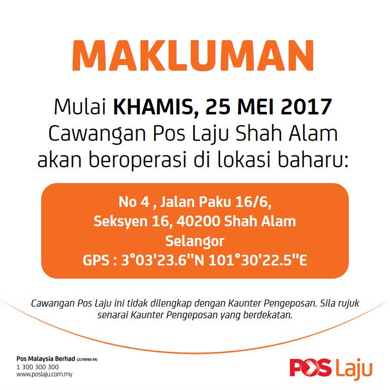 ØªÙˆÙŠØªØ± Pos Malaysia Berhad Ø¹Ù„Ù‰ ØªÙˆÙŠØªØ± Pengumuman Cawangan Pos Laju Shah Alam Telah Berpindah Ke Lokasi Yang Baru Https T Co Bzig0hgo3i
