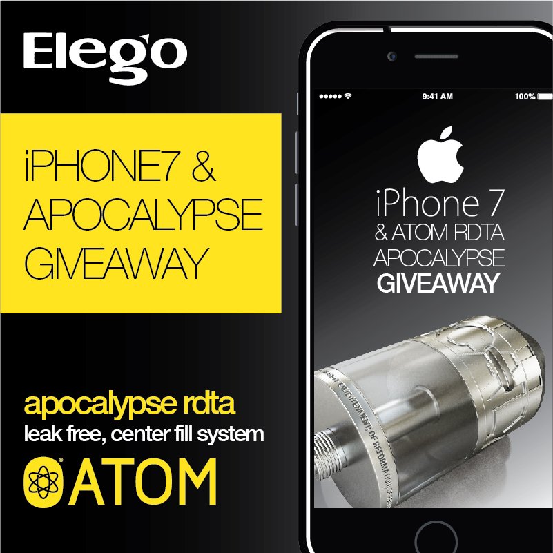 ElegoMall's tweet photo. BIG GIVEAWAY!!
iPhone 7&amp; 5 Atom Vapes Apocalypse RDTA up for grabs! 
Like @Atom_Vapes and @ElegoMall on FB, IG,Twitter. 
Retweet this post! https://t.co/LsGj68u7ae
