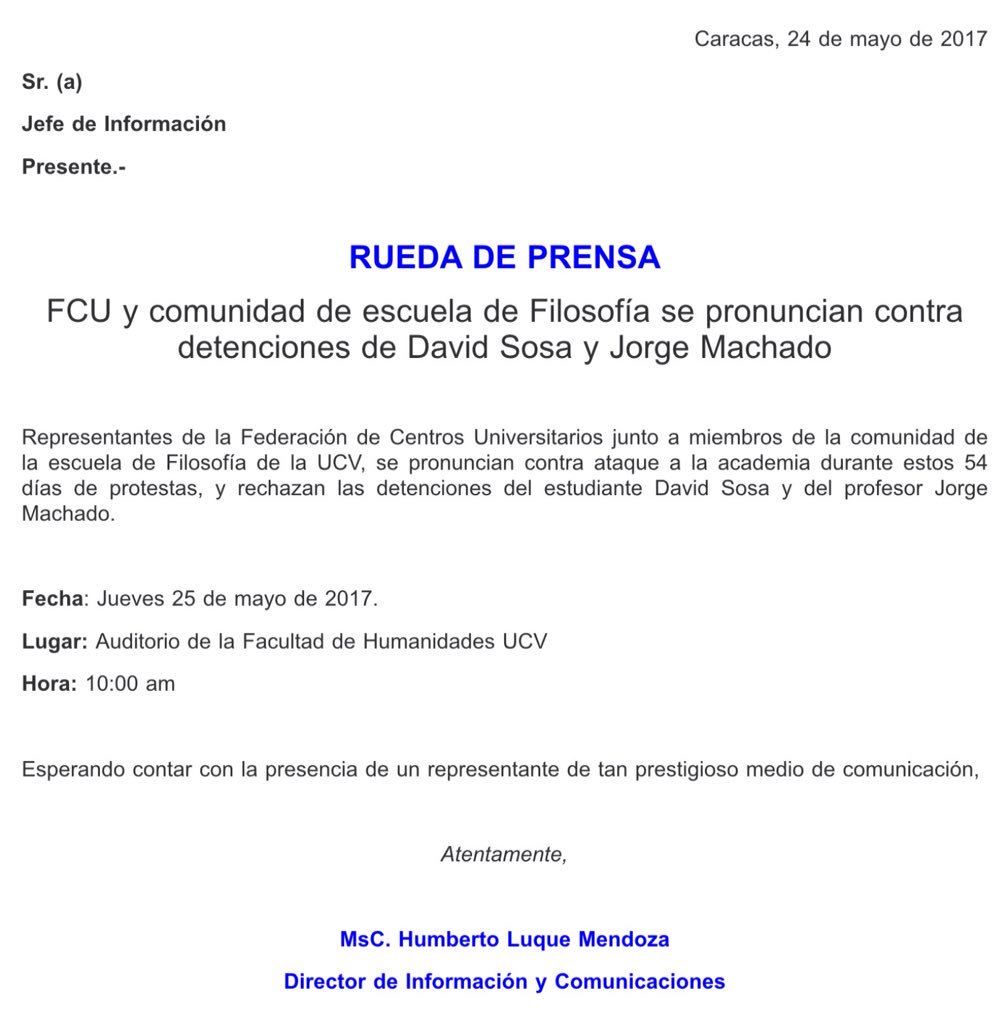 Mañana #25Mayo Rueda de Prensa FCU y Esc. de Filosofía sobre la detención arbitraria de Jorge Machado y David Sosa. Auditorio #FHyE 10:00 am