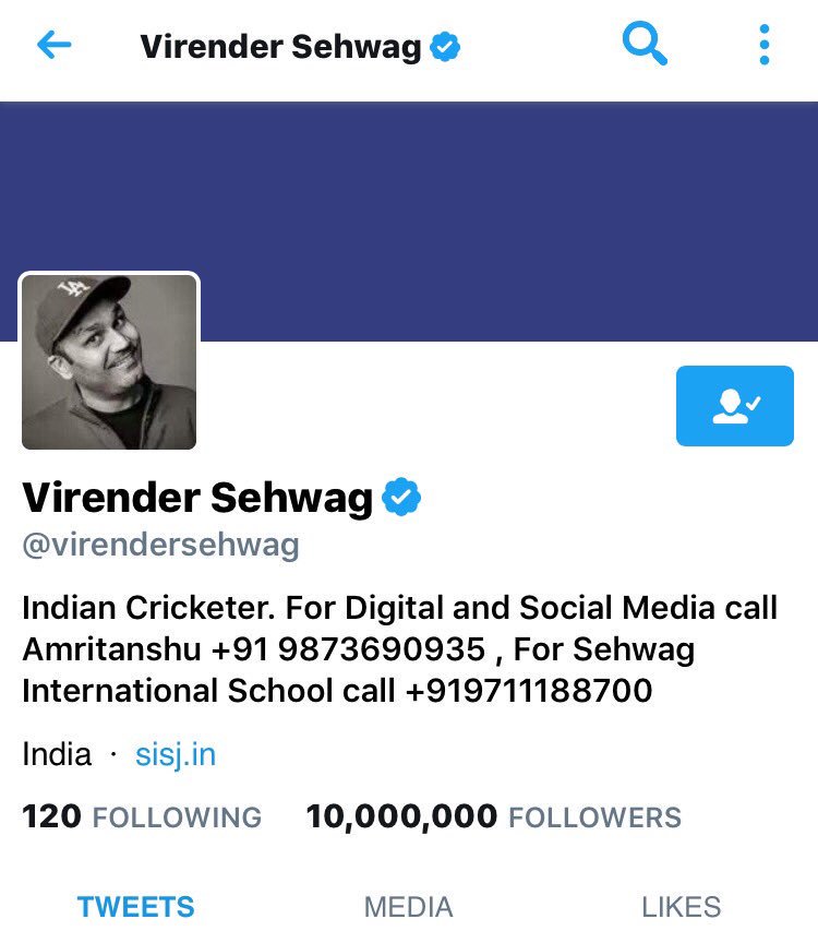 LoyalSachiNist's tweet photo. Yet another achievement from @virendersehwag 
Third cricketer to reach this milestone
#10MillionVirenderSehwag 
#TwitterCrorepati https://t.co/2FqmX9m8x7