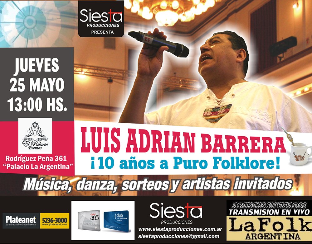 ¡Llegó el gran día!
Te espero hoy 13hs en Palacio La Argentina para festejar mis 10 años a Puro Folklore
Entrtadas goo.gl/Ap3oxX