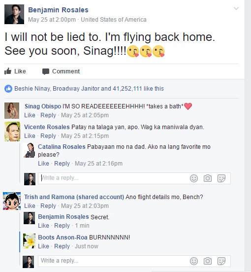 BroadwayJanitor's tweet photo. Benjie posts in Facebook that he is coming home.

#ALDUB97thWeeksary https://t.co/w7pIr4Sqns