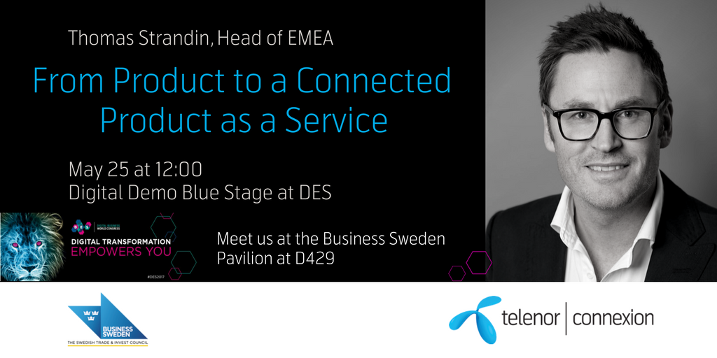 TelenorIoT's tweet photo. Catch Thomas Strandin, Head of EMEA presenting how to transform your business model through #IoT. Today at 12:00 @DES_show. https://t.co/Pd02Xe7txX