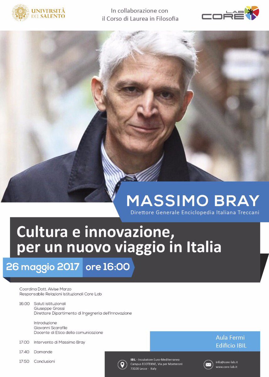Aspettando <a href="/massimobray/">Massimo Bray</a> ... domani 26/5 h 16:00 <a href="/Core_Lab_Lecce/">CoreLab</a> .
