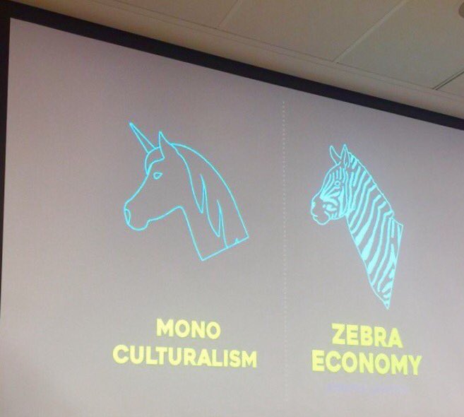 Hearing from <a href="/TreborS/">Trebor Scholz</a> about the need for #zebra not #unicorn #startups to create and share value created. Research #platformcoop #melbconvo