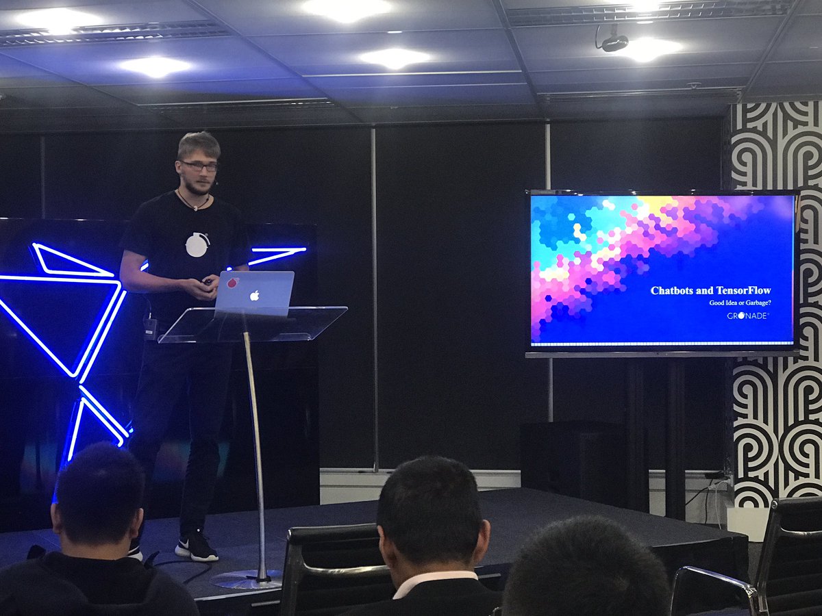 GRONADE's tweet photo. Our Growth Lab Technician Toby talking about #chatbots and #tensorflow at the @growthhackersoz meetup at @freelancer tonight! 🤖 https://t.co/qiFPcZZ20x