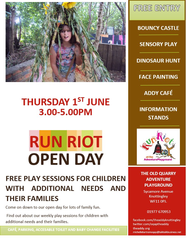 Children and young people with additional needs, come to our Run Riot Open Day Thursday 1st June 3-5pm for lots of family fun!