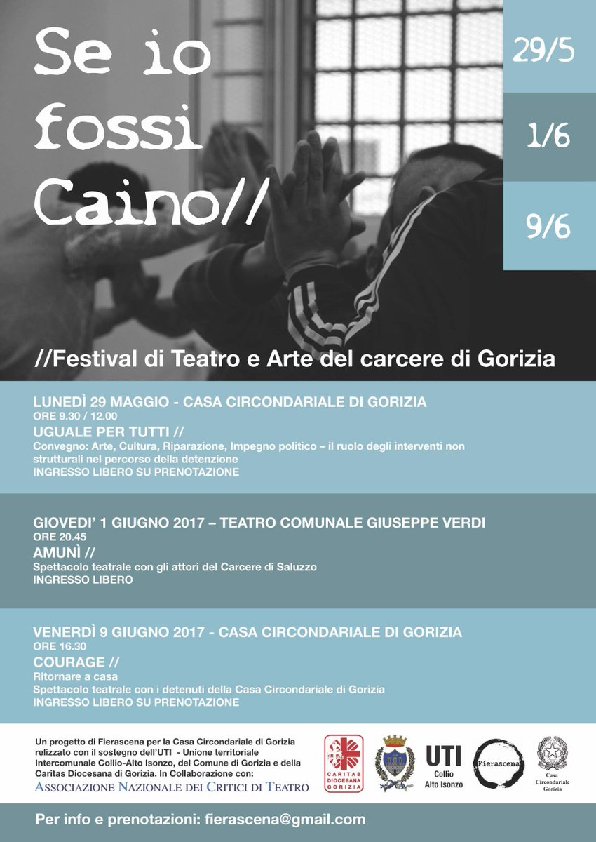 BibMonfalcone's tweet photo. #BibmonfalconeSegnala: "Se io fossi Caino" Festival di #teatro e #arte al #carcere di #Gorizia lunedì #29mag, giovedì #1giu, venerdì #9giu https://t.co/Abw7WDCVUw