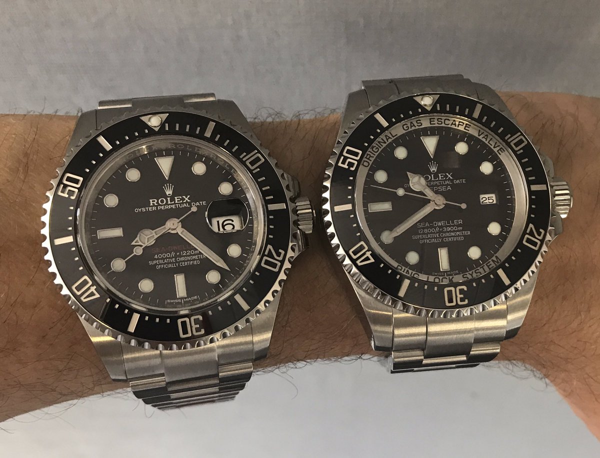 New Rolex Sea Dweller v Deep Sea? Sea Dweller sits flatter on the wrist &amp; has a wider bracelet &amp; looks as big due to thinner inner bezel 😍