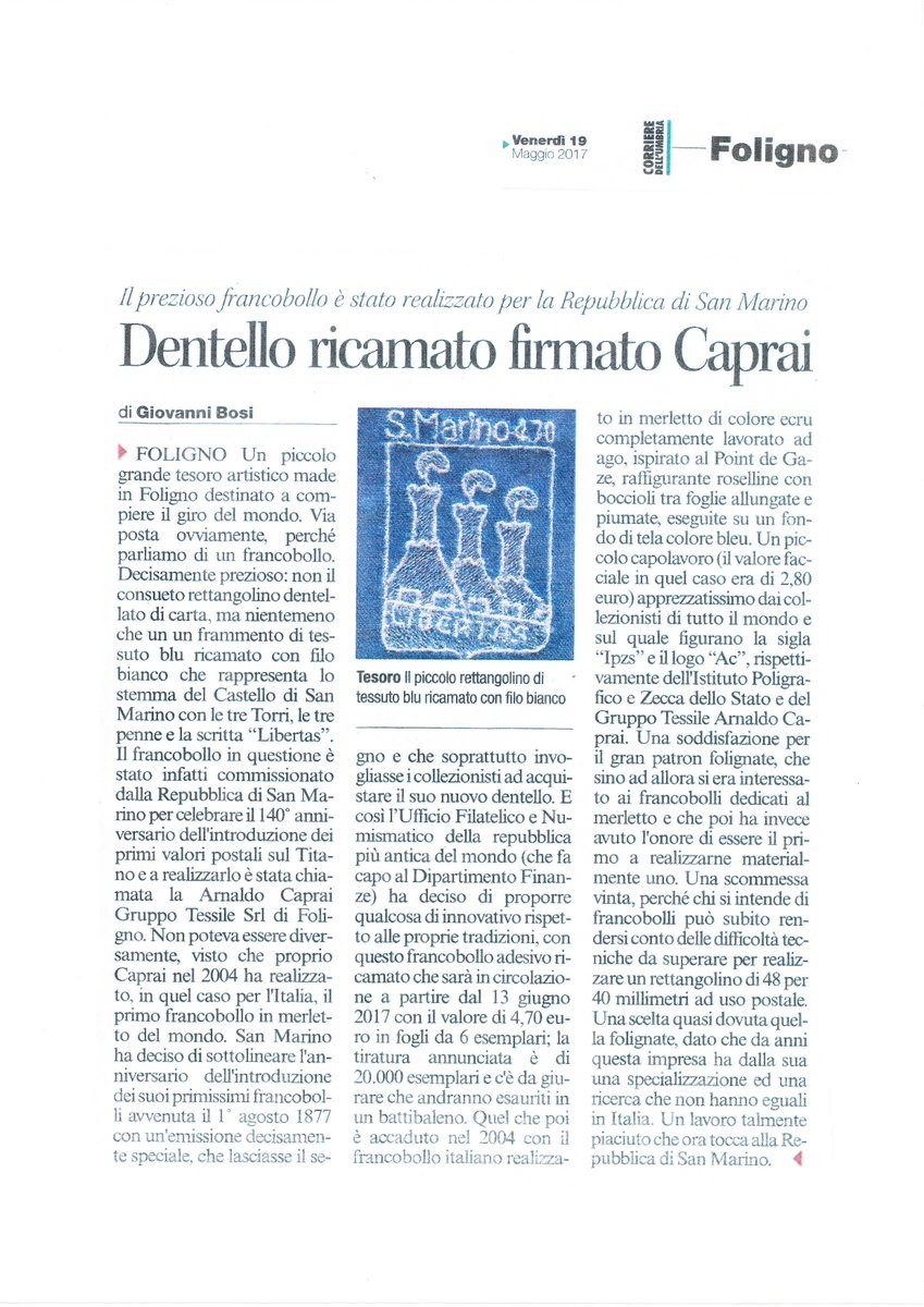 Dal Corriere dell'Umbria ...il #francobollo ricamato da <a href="/caprai_official/">Caprai Home</a> realizzato per la Repubblica Di San Marino. #ricamo
