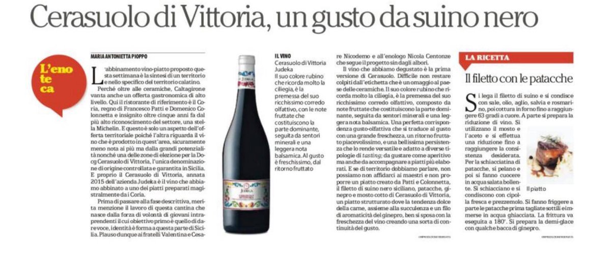 #Oggi su #Repubblica il #CerasuolodiVittoria di #Judeka in abbinamento a un piatto  preparato dai #Coria di 
#Caltagirone