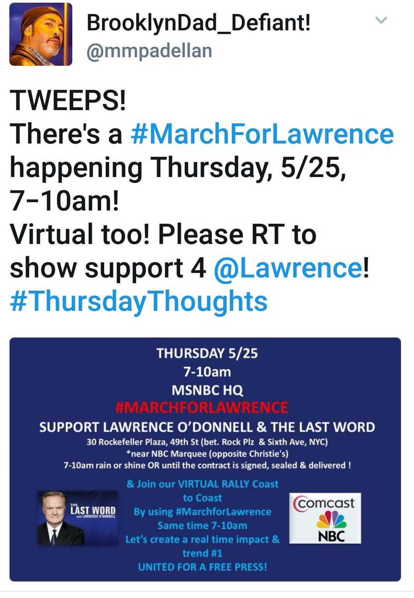 TMDILL1's tweet photo. @whisky5ho @mmpadellan @Lawrence @MSNBC Why is @MSNBC, under #LackIsLacking, trying to Gianforte @Lawrence?!?
#MarchForLawrence #KeepLawrence #SaveLawrence
Wanna fire??๐#DumpGreta๐ https://t.co/szwBQitCZM