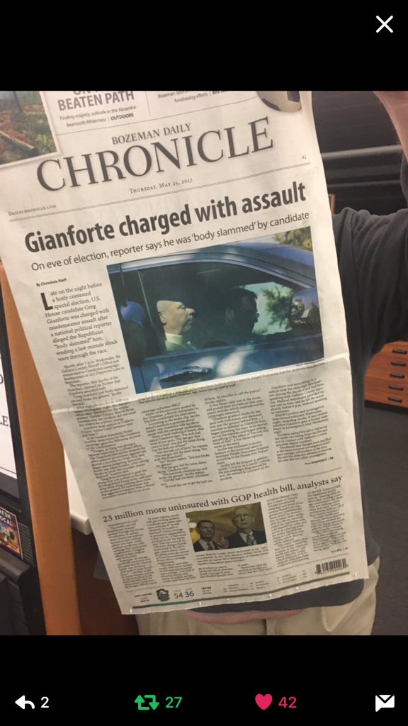 tmtweetz's tweet image. The population of Montana is so small they have more senators than representatives. MT, is this who you want in Congress? #gianforteassault