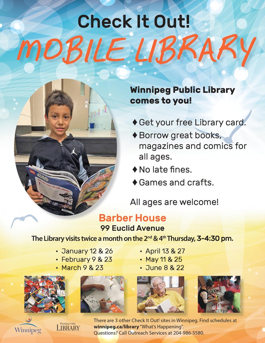 SISTARS_Wpg's tweet photo. Check out the Mobile Library from our friends at @wpglibrary which will be at Barber House (99 Euclid) today between 3-4:30! Happy Reading! https://t.co/e9y8uv0OHn