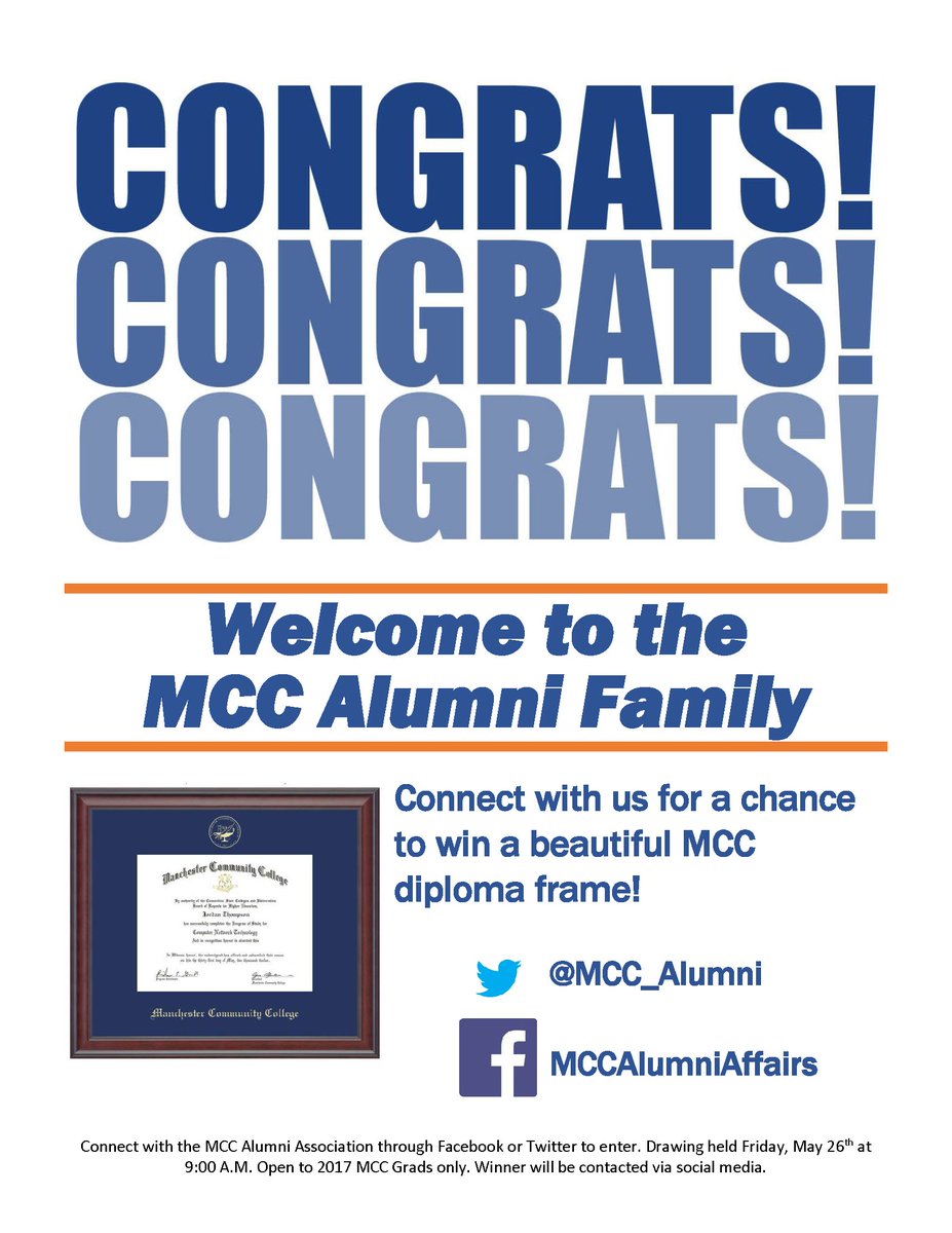 MCC_Alumni's tweet photo. Graduating tonight? 2017 MCC grads can enter a drawing to win an MCC diploma frame. Follow us and Like this tweet to get entered. @MCC_CT https://t.co/S0Gyzvehm5
