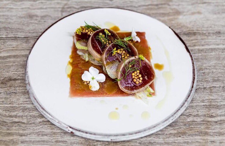 Seared yellow fin tuna, Granny smith apple &amp; fennel 'slaw' pickled mustard seeds #jasonatherton #marinasocial <a href="/tristin_farmer/">tristin farmer</a>