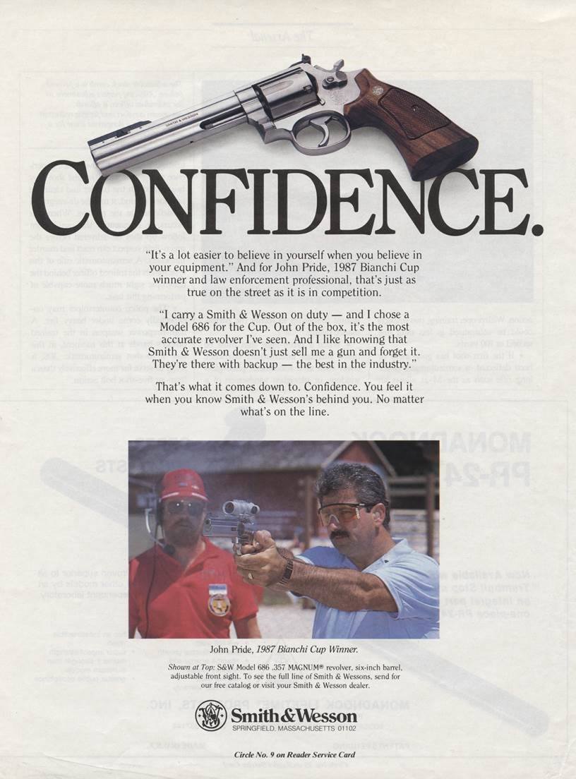Smith_WessonInc's tweet photo. This 1987 ad is a great reminder, you can be confident with a Smith & Wesson at your side. #model686 #357magnum #bianchicup #tbt https://t.co/ZUtoKiOZJ3