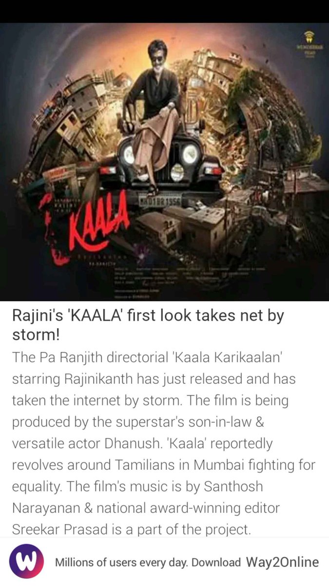 Rajini's 'KAALA' first look takes net by storm!
way2.co/Njg2NTEx/-1
