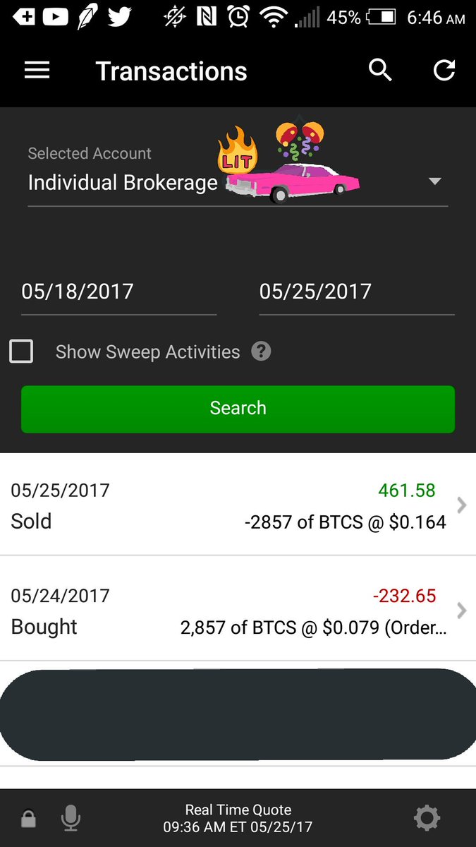 NovaStox's tweet photo. Booooya!!! $BTCS in @ .079 &amp; out @ .164 for a nice $230 profit!!!👽 #focus  @timothysykes https://t.co/qyZXvIcoNg