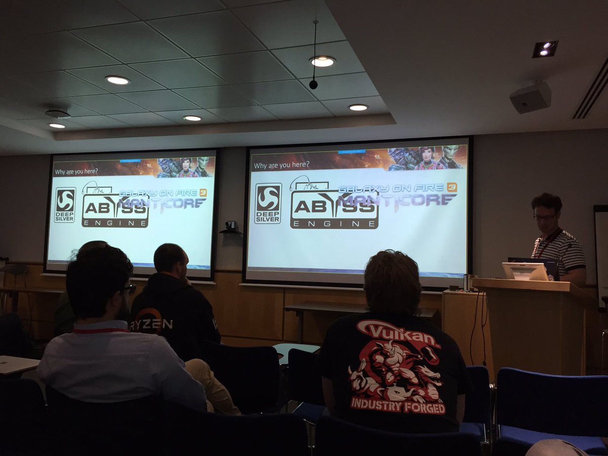 KhronosUK's tweet photo. Final speaker of the day - @j66k from @DSFishlabs presenting how Galaxy on Fire is using @VulkanAPI #Vulkanised https://t.co/ahtXygwqXn