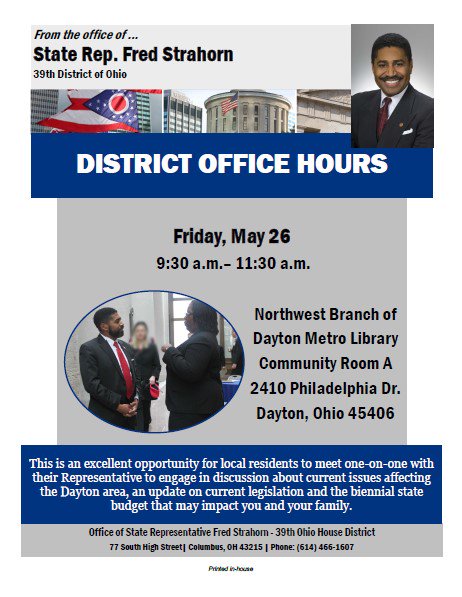 RepFredStrahorn's tweet photo. Join me at the NW @Daytonlibrary Friday between 9:30-11:30. Great opportunity to meet one-on-one and talk about the issues facing our state. https://t.co/L2TRPBGuXT