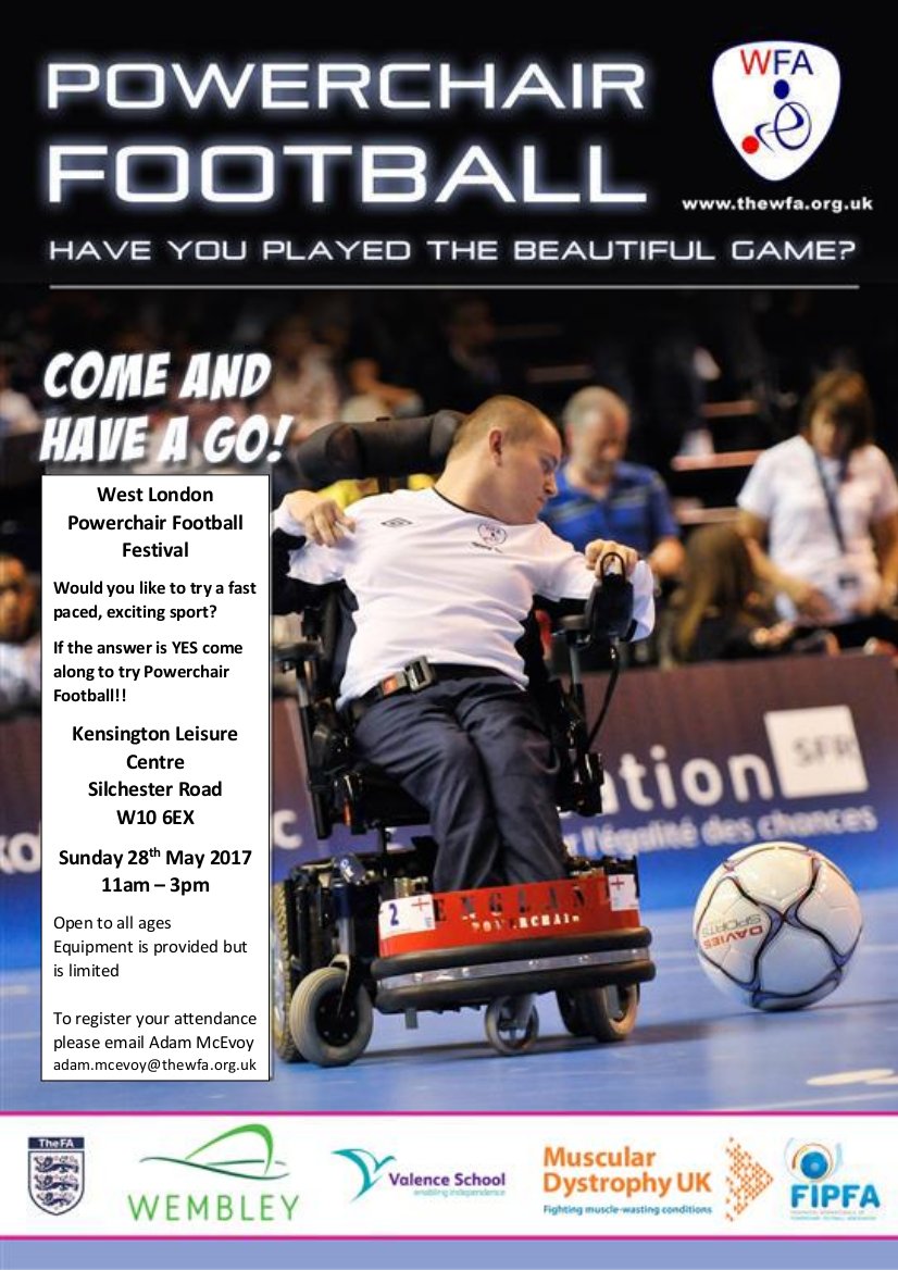 Adam_theWFA's tweet image. This Sunday - #PowerchairFootball festival taking place at @Better_UK Kensington. Open to anyone with a physical disability! Its free!