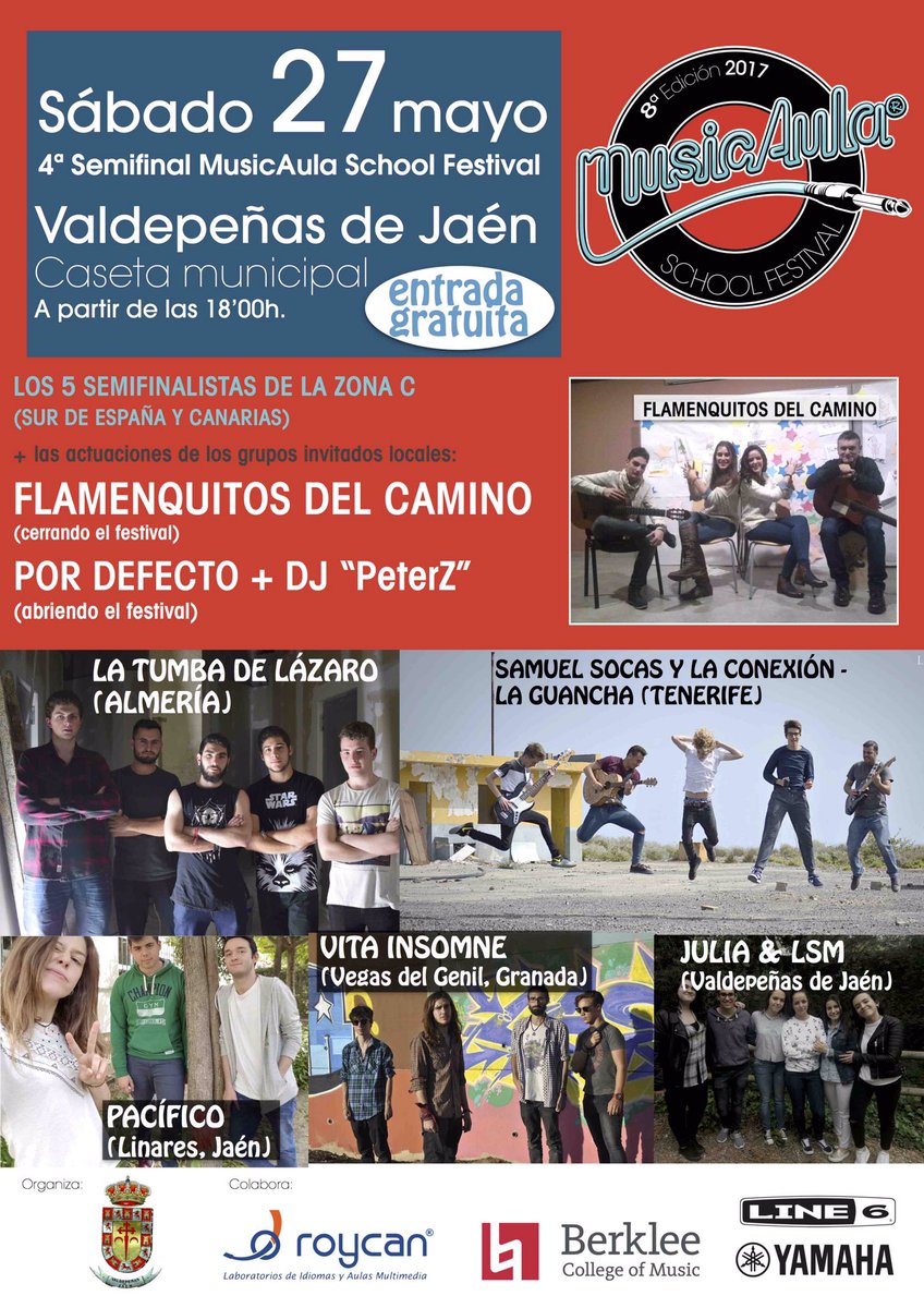 Este sábado llega la 4ª semifinal de MusicAula a #ValdepeñasdeJaen! 
Artistas invitados, #DJ y 5 jóvenes bandas semifinalistas!! Vamosss!