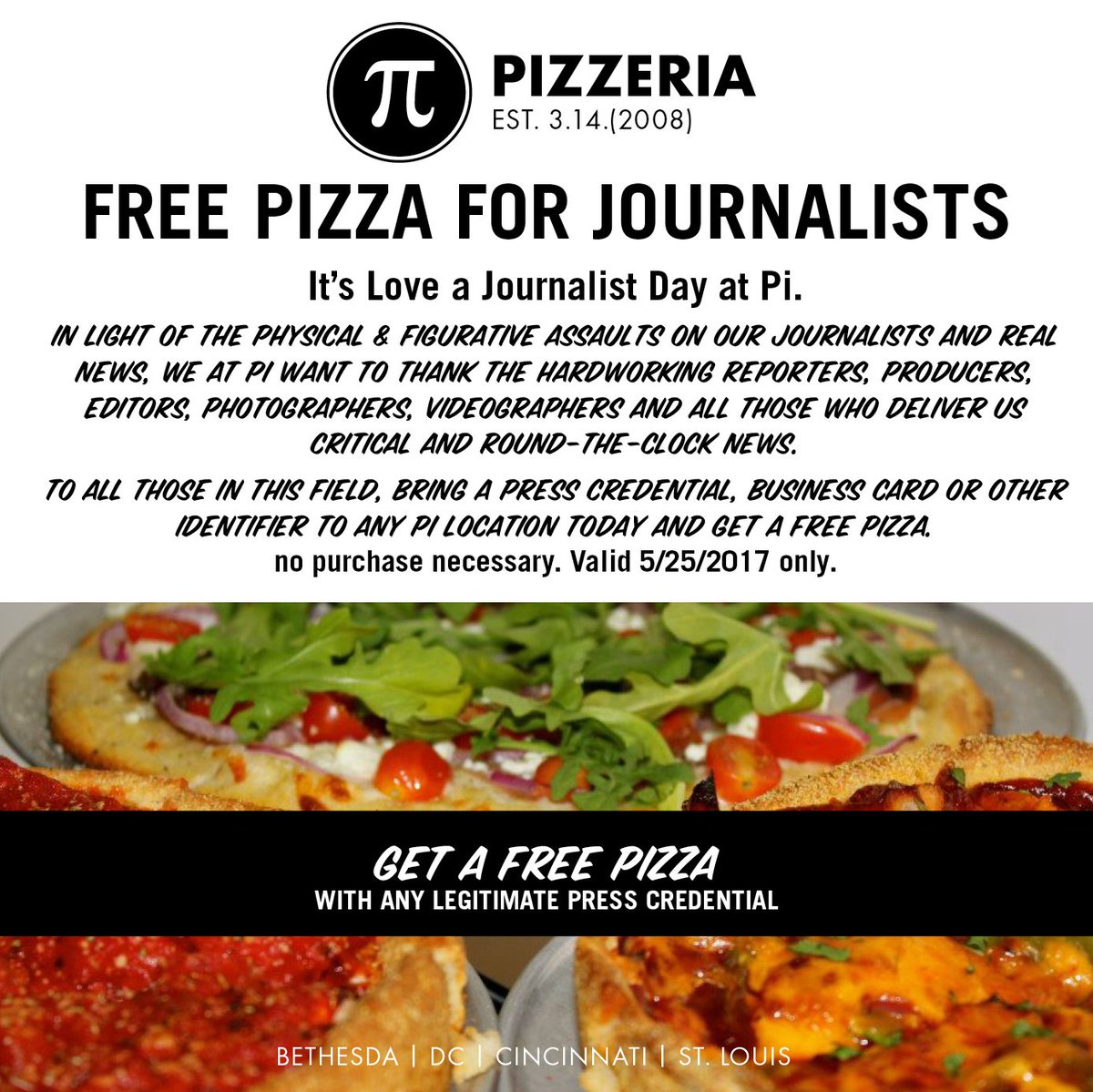 PiCincinnati's tweet photo. It's Love a Journalist Day at Pi. (aka FREE PIZZA for Journalists) 
Thank you for making us more informed, critical thinkers! https://t.co/yxH7h2xq8J