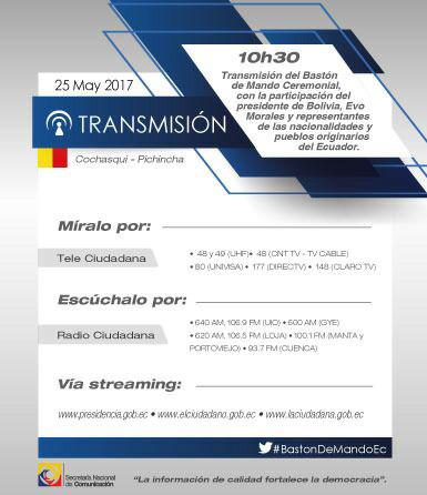 10h30. Transmisión de #BastónDeMandoEc con participación de <a href="/evoespueblo/">Evo Morales Ayma</a> y representantes de nacionalidades y pueblos originarios de Ecuador