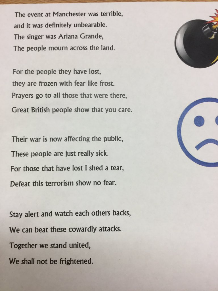At 11am, Bronington pupils held a 1 minute silence to support all those who suffered in Manchester this week. Poem by Liam Year 5.