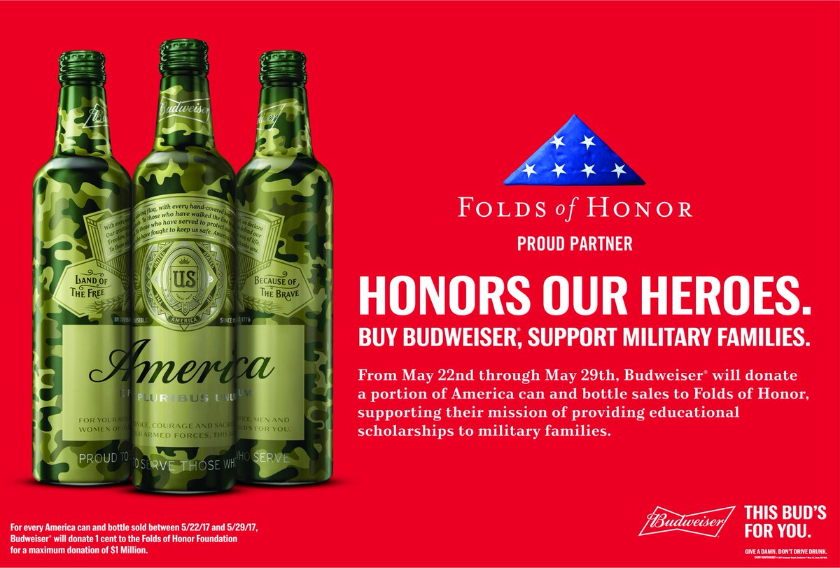 ChampagneBev's tweet photo. For every Budweiser America can &amp; bottle sold between now - May 29, Budweiser will donate 1cent to the @FoldsofHonor Foundation. Grab a Bud! https://t.co/zpX1OBlVQo